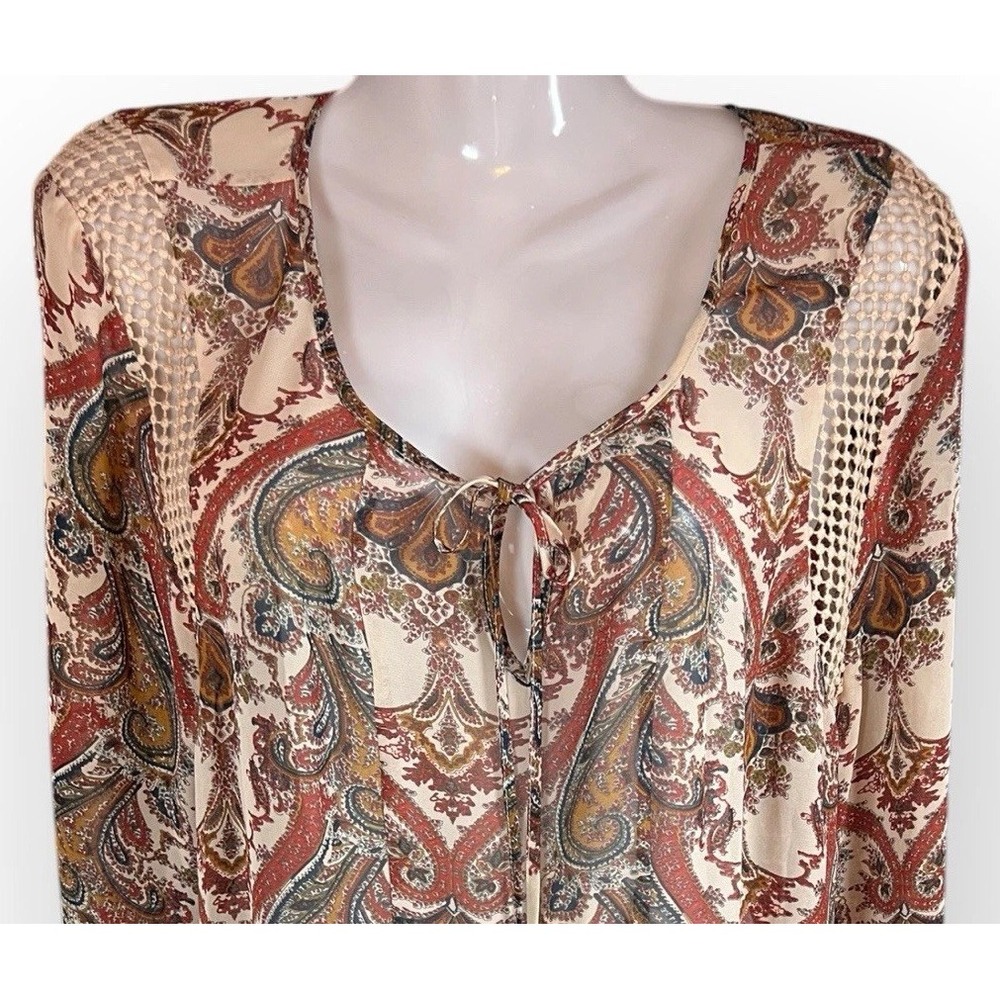 Black Rainn Shirt Women XL Tan Earth Tone Paisley Sheer Crochet Festival Boho